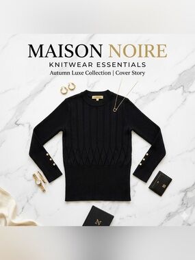 Rio & Rian Women’s Black Diamond Knit Sweater Gold Button Cuff Crew Neck SZ M